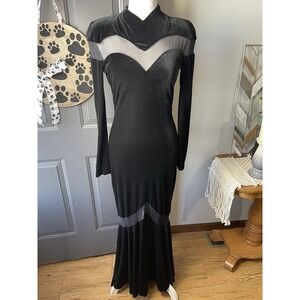 Vintage Cache Gold Label Black Velvet Mesh BodyCon Mermaid Fit Dress Small